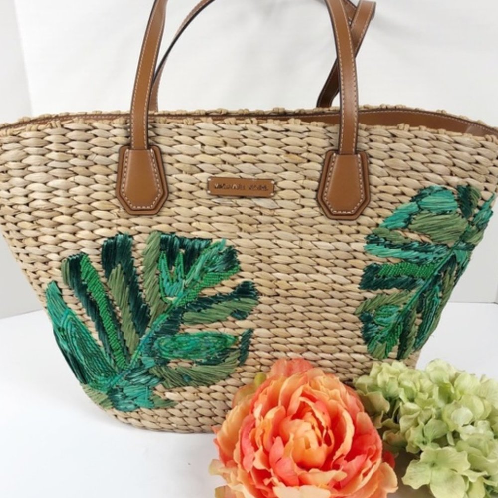 Michael Kors Malibu straw tote palm purse bag - Picture 6 of 6